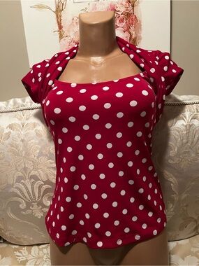Frederick's of Hollywood Red and White Polka Dot Top with Cap Sleeves